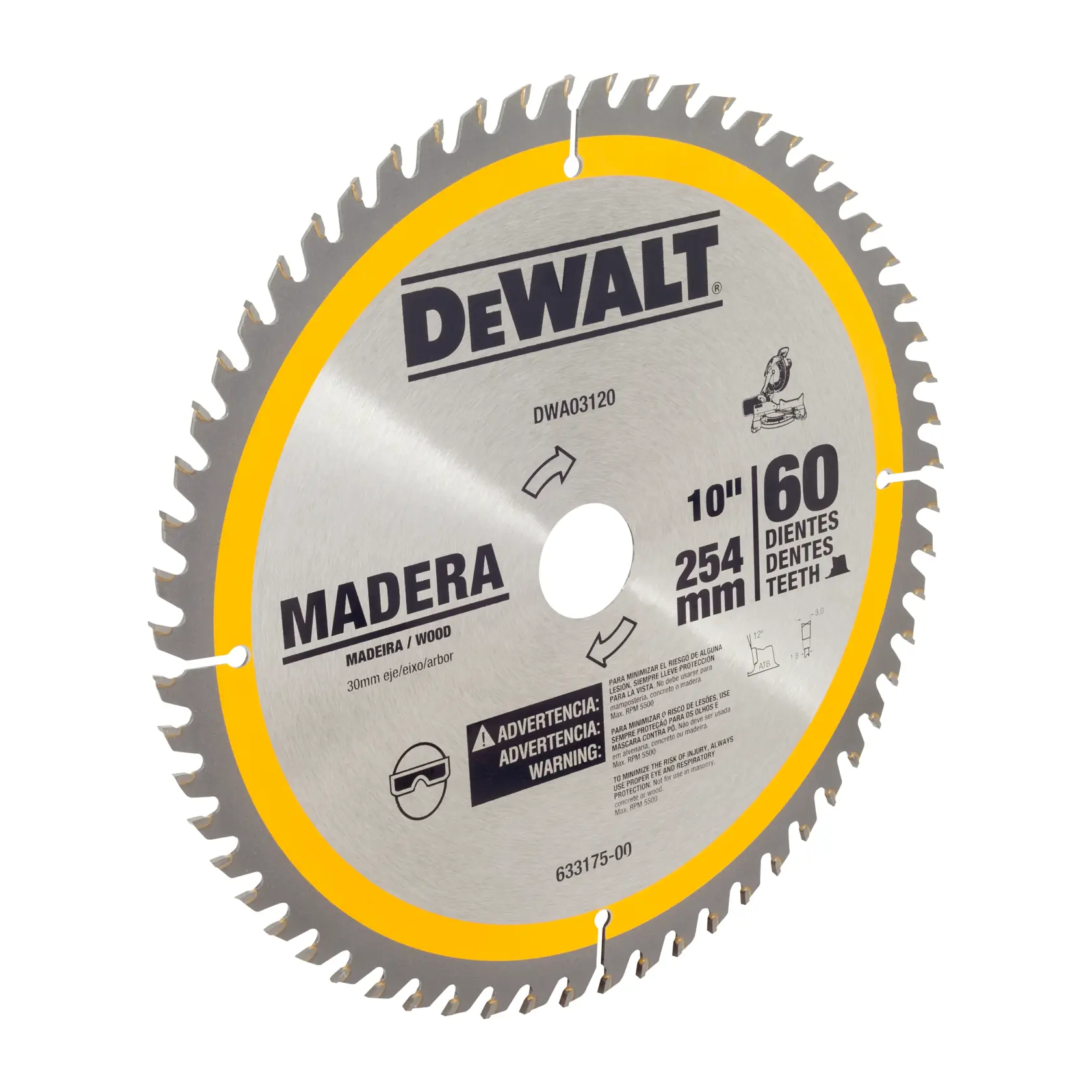 Hoja de sierra circular marca DEWALT para madera con 60 dientes, de 10 pulgadas (254 mm) de diámetro. La hoja tiene información de seguridad y uso impresa, incluyendo una advertencia de usar protección ocular.