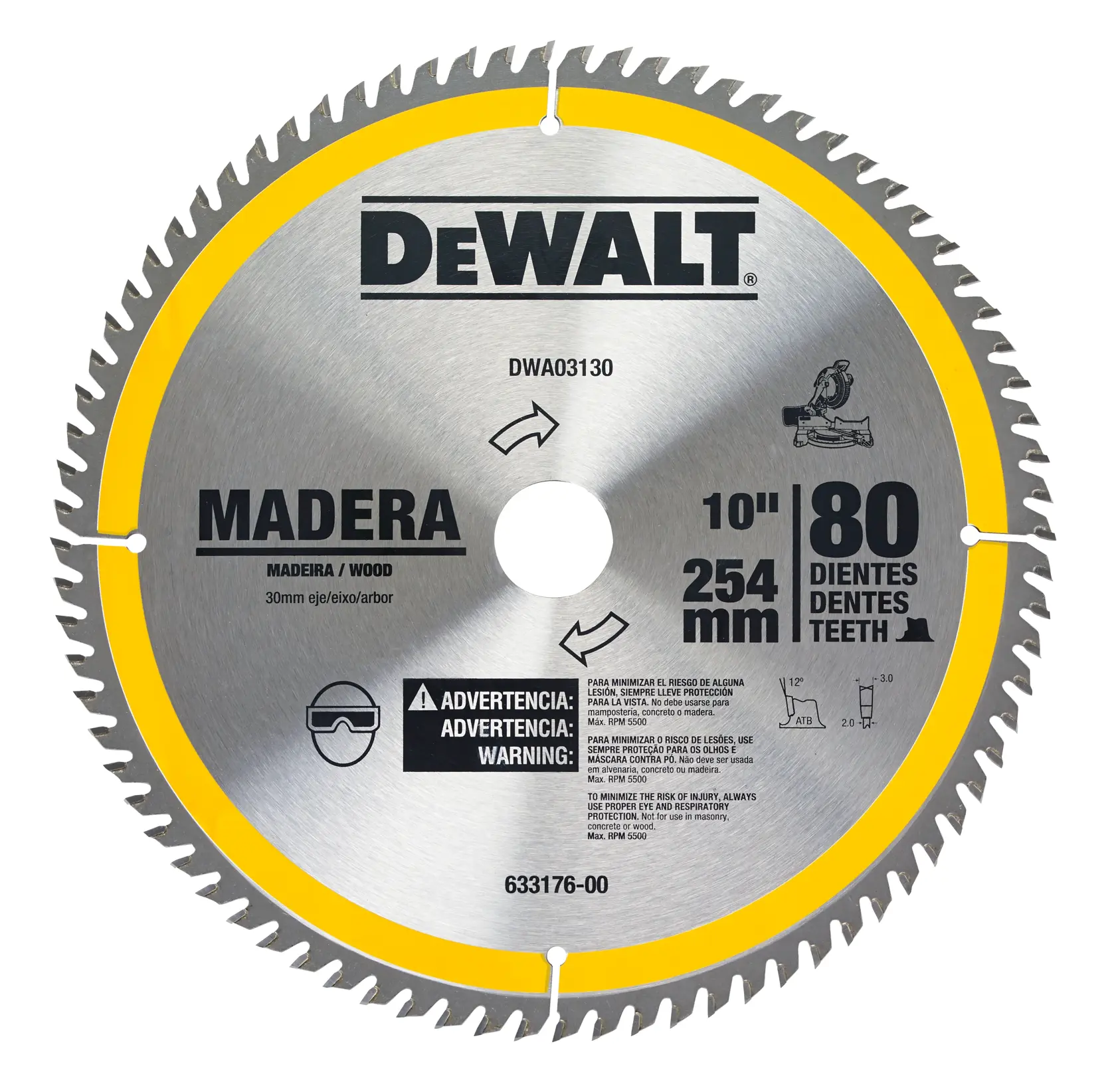 Imagen en primer plano de una hoja de sierra circular DEWALT con borde amarillo. La hoja está etiquetada para cortar madera, tiene 10 pulgadas (254 mm) de diámetro y 80 dientes. El SKU del producto es DWA03130 y hay advertencias de seguridad en varios idiomas impresas en la hoja.