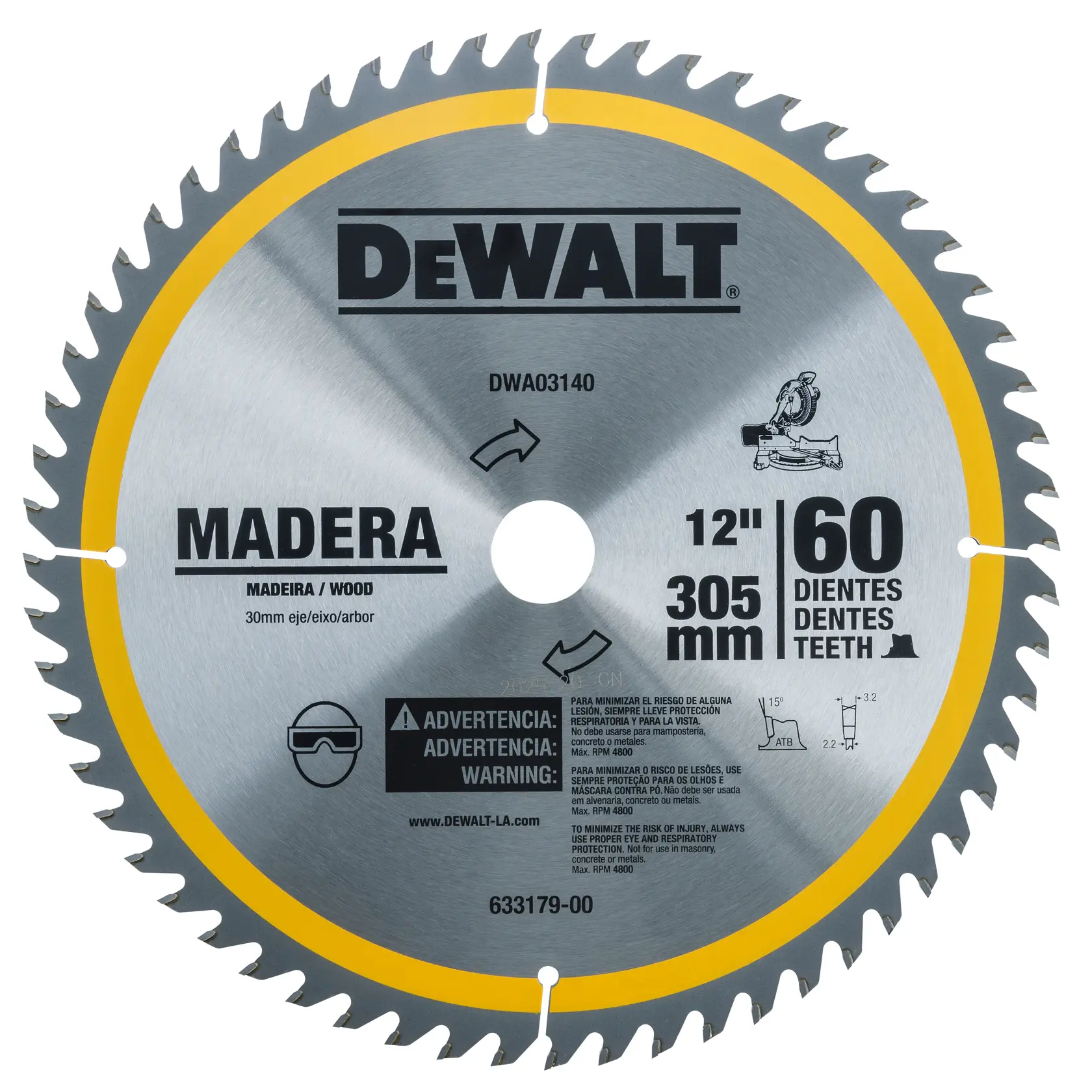 Hoja de sierra circular DEWALT 12", 60 dientes, 305mm, para madera, modelo DWA03140.