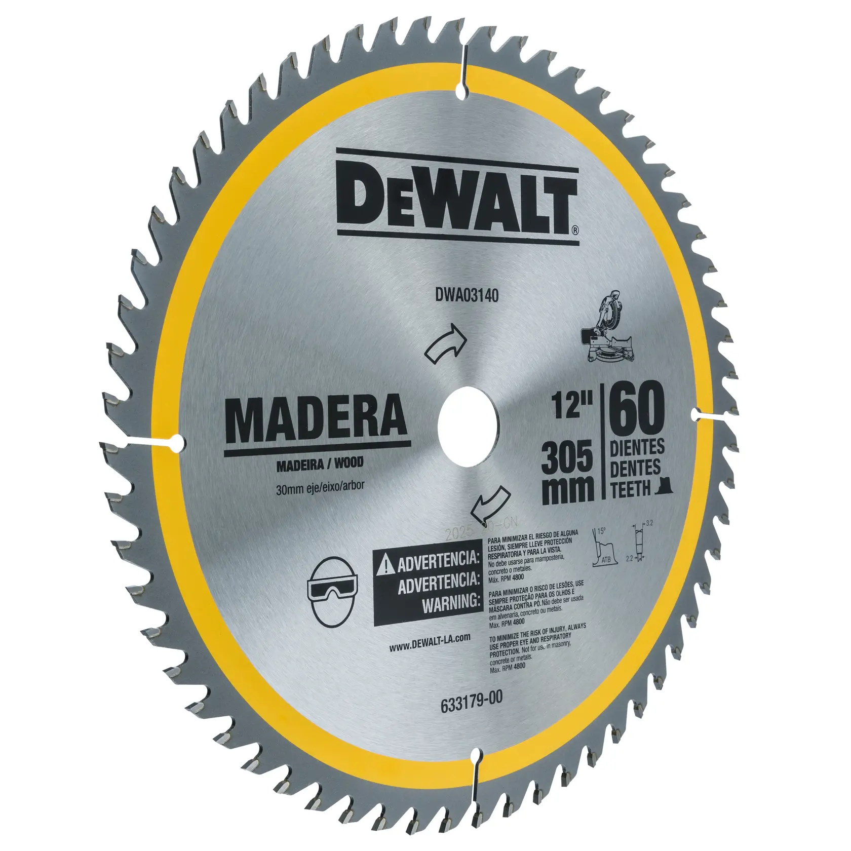 Hoja de sierra circular DEWALT de 12'', 60 dientes para madera, con advertencias de seguridad impresas.