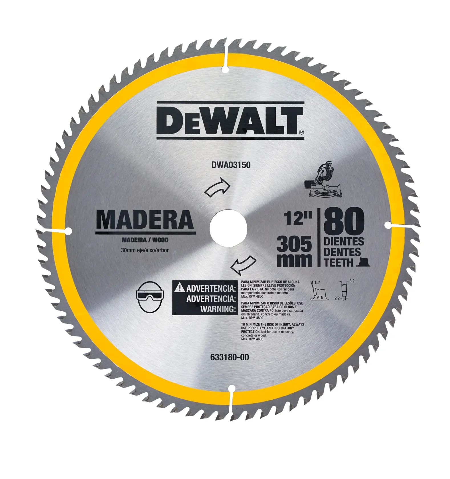 Disco de sierra circular DEWALT para corte de madera, modelo DWA03150, con diámetro de 305 mm (12 pulgadas) y 80 dientes. El disco muestra advertencias de seguridad y especificaciones en varios idiomas. Presenta un borde amarillo y etiquetado detallado con iconos de advertencia de uso.