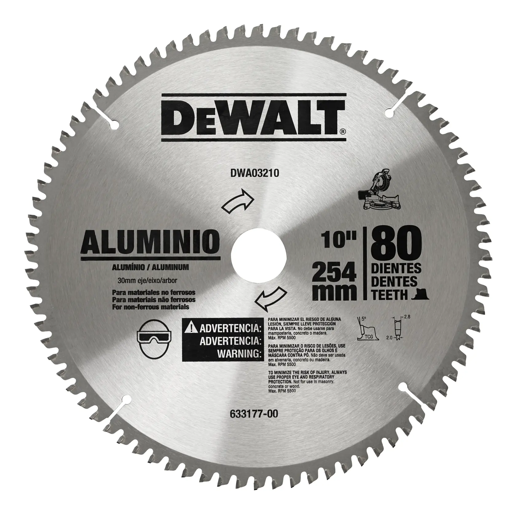 Hoja de sierra circular DEWALT para usos generales, modelo DWA03210. La hoja está diseñada para cortar aluminio y otros materiales no ferrosos. Es de color plateado, tiene 80 dientes y mide 10 pulgadas (254 mm) de diámetro. Información de seguridad y uso está impresa en la hoja.