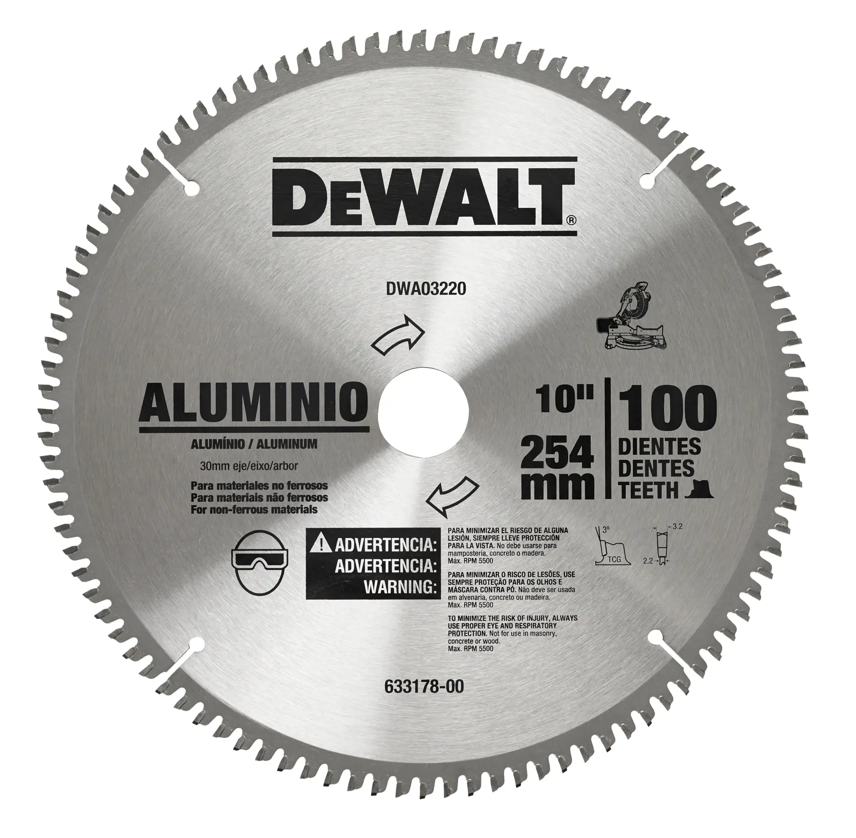 Una hoja de sierra circular DEWALT de 10 pulgadas para aluminio y materiales no ferrosos, con 100 dientes y número de modelo DWA03220. La hoja es plateada con texto negro impreso y etiquetas de advertencia, incluyendo iconos de seguridad.