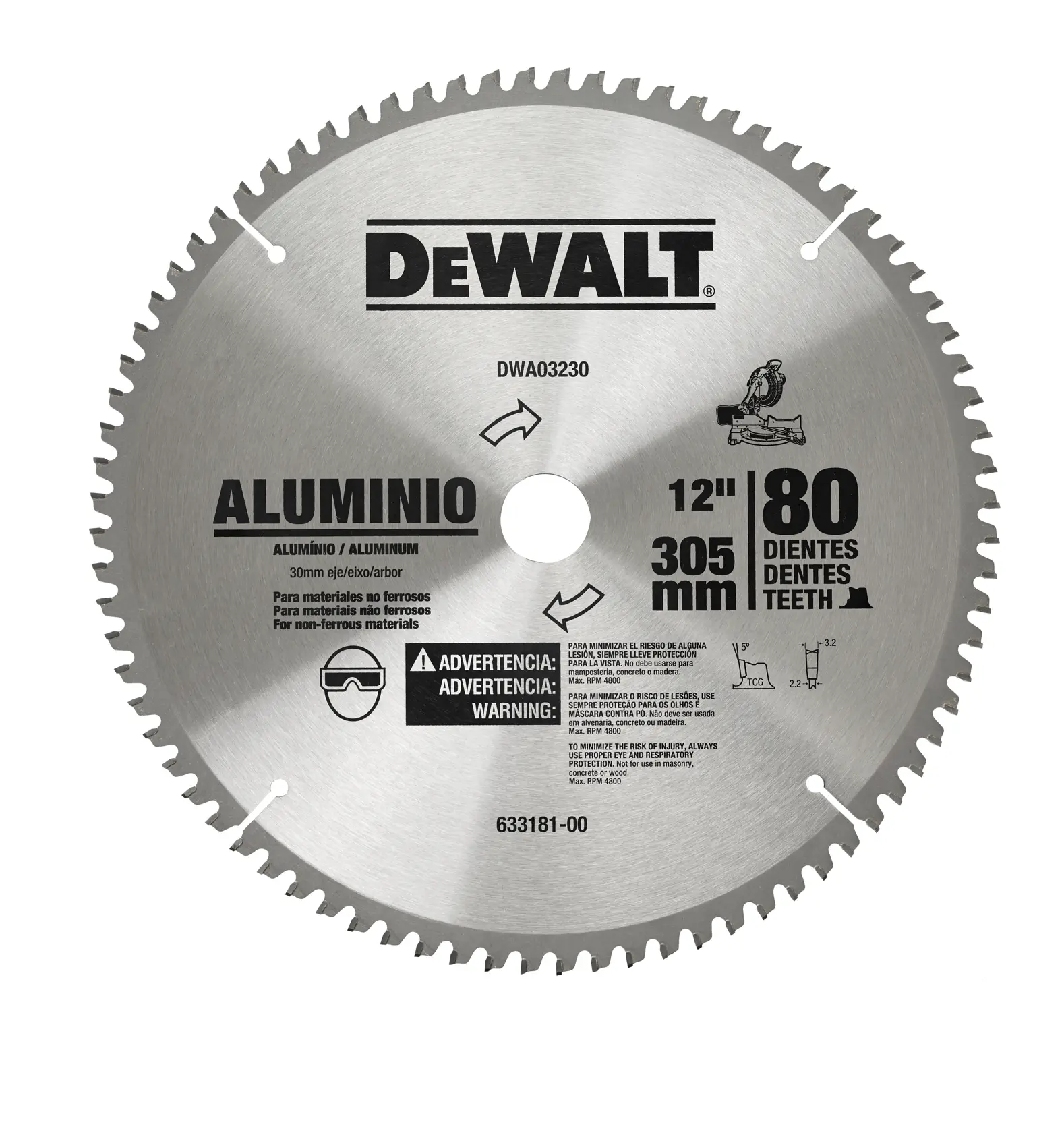 Una hoja de sierra circular de la marca DEWALT, modelo DWA03230, diseñada para cortar aluminio y materiales no ferrosos. La hoja tiene un diámetro de 12 pulgadas (305 mm) con 80 dientes. Información de seguridad y uso está impresa en la hoja.