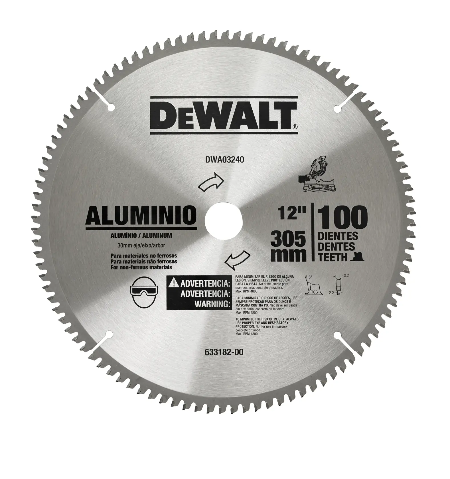 Hoja de sierra circular para aluminio y materiales no ferrosos de DEWALT, modelo DWA03240, diámetro de 12 pulgadas (305 mm) con 100 dientes. La hoja es de color plateado con texto negro y advertencias de seguridad impresas.