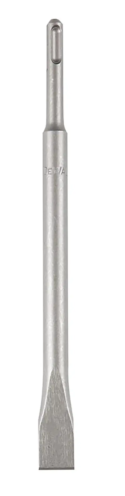 Cincel plano DEWALT para martillo rotativo, color plata, mostrado vertical en fondo blanco.