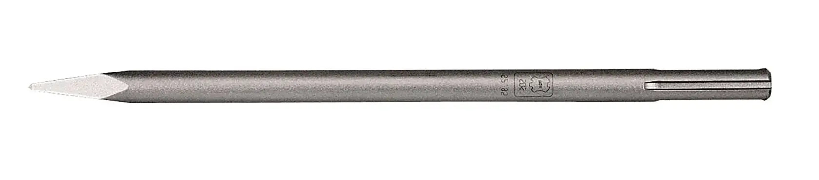 Cincel puntiagudo DEWALT de metal, diseñado para trabajos de demolición o albañilería. Tiene una punta afilada y un vástago SDS-Max para usar con martillos perforadores compatibles.