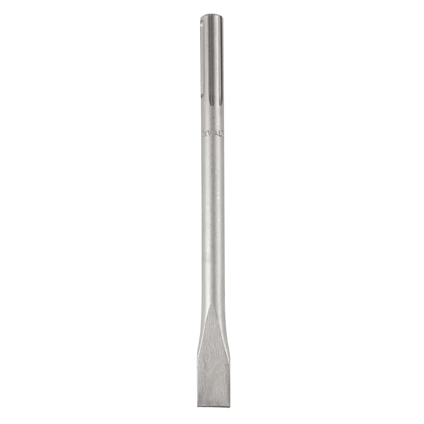 Una broca de cincel SDS DEWALT, mostrada verticalmente sobre un fondo blanco. La herramienta tiene un cuerpo de metal con una punta de cincel plana diseñada para uso con martillos rotativos.