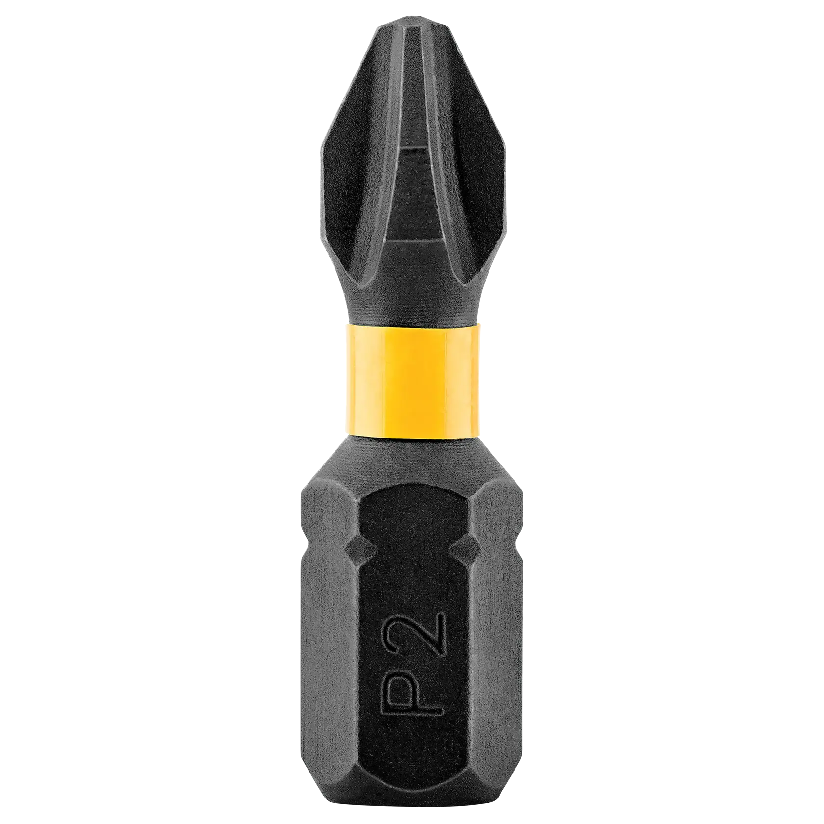 Imagen en primer plano de una punta de destornillador DEWALT, marcada con 'P2', con un cuerpo negro y una banda amarilla en el centro.