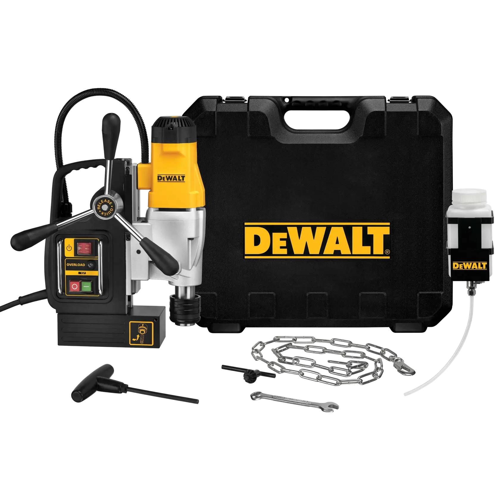 Taladro magnético DEWALT DWE1622K con diseño amarillo y negro, interruptores de control y tres manijas para operar. La máquina se utiliza para perforación precisa en trabajos de metal.
