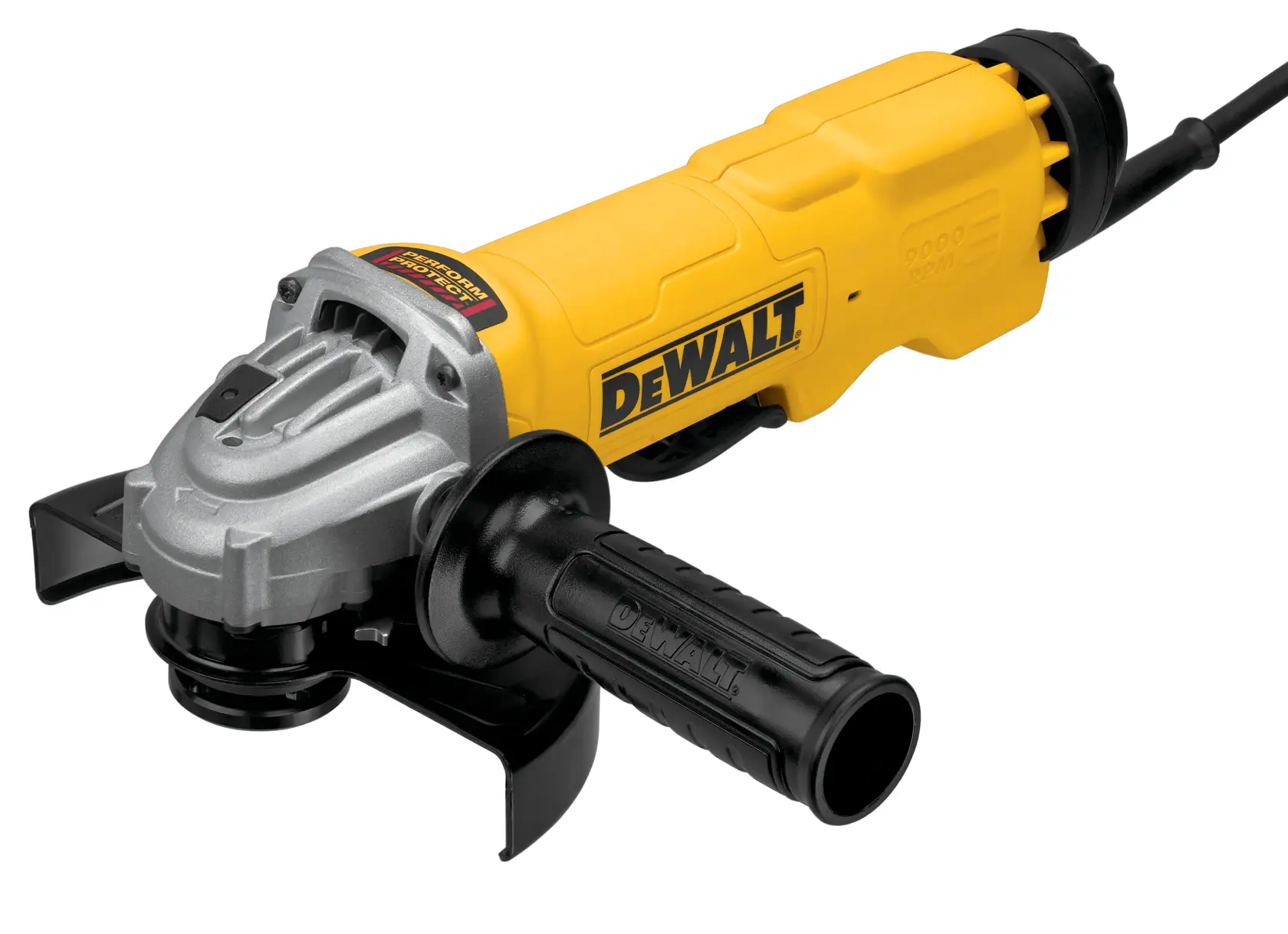 Una amoladora angular DEWALT amarilla y negra con mango lateral, mostrada sobre un fondo blanco.