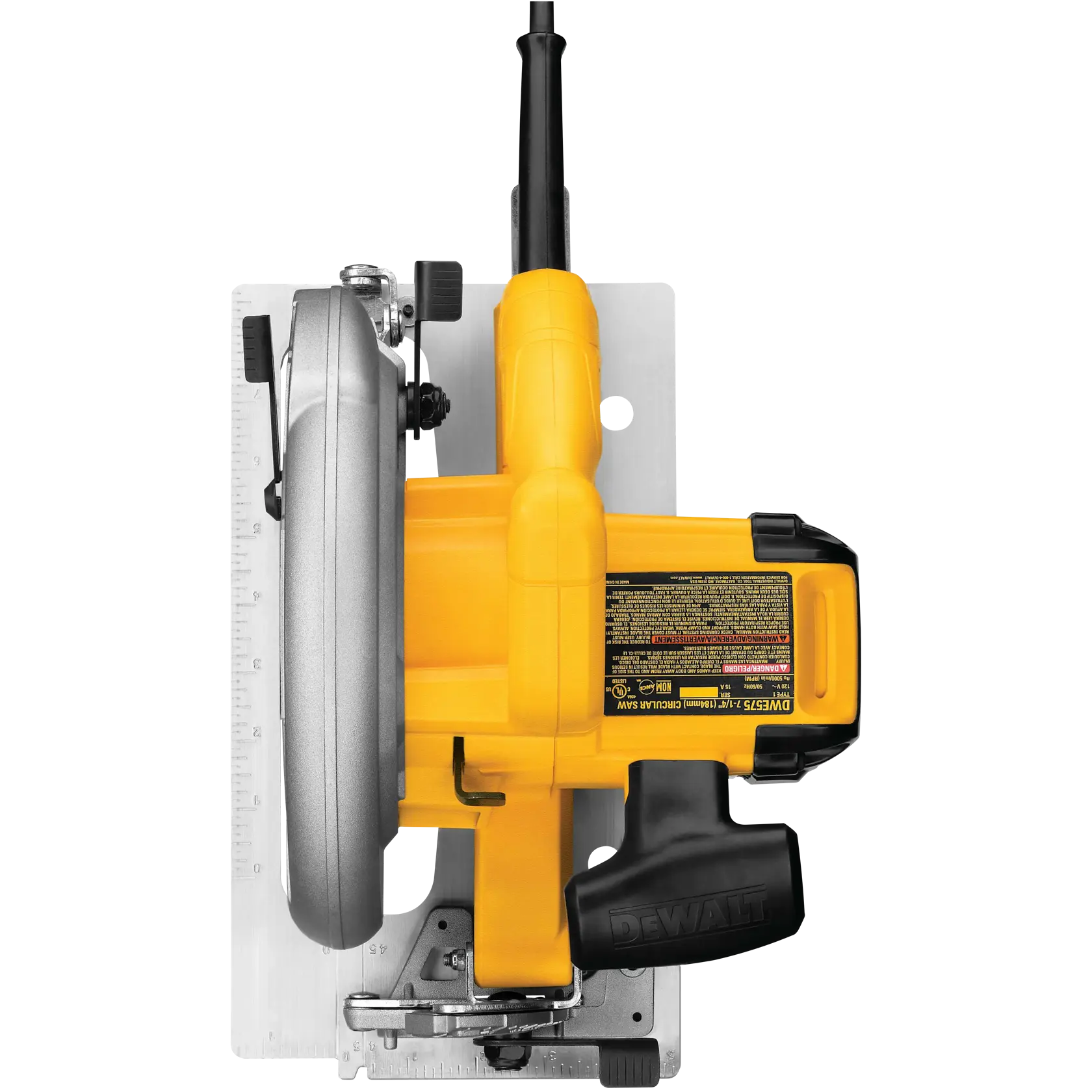 Vista superior de una sierra circular DEWALT DWE575, mostrando su cuerpo amarillo, mango, protector de hoja de metal y placa base.