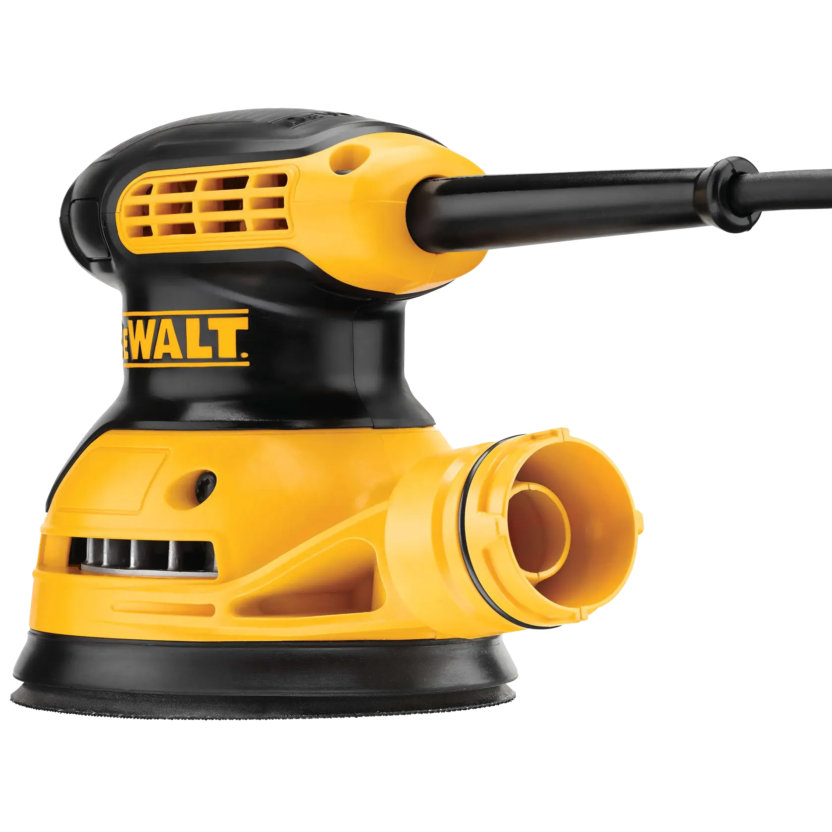 Vista de cerca de una lijadora eléctrica de mano DEWALT DWE6421 en color amarillo y negro, mostrando la rejilla de ventilación, el cable de alimentación y la base de lijado redonda.