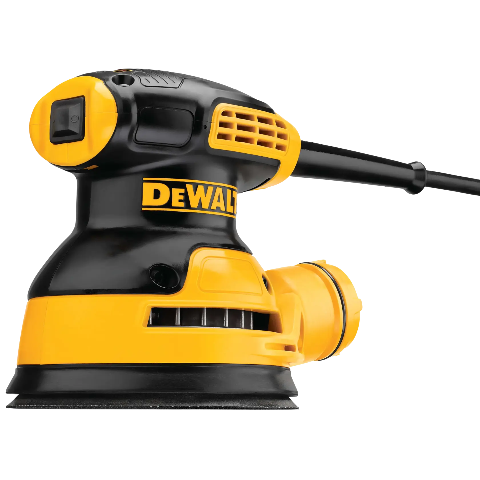 Vista de cerca de una lijadora eléctrica DEWALT DWE6421, con diseño compacto, carcasa negra y amarilla, interruptor de encendido y accesorio para colector de polvo.