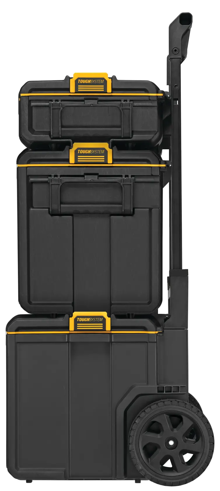 Cajas de almacenamiento de herramientas DEWALT negras y amarillas apiladas sobre un carrito con ruedas.